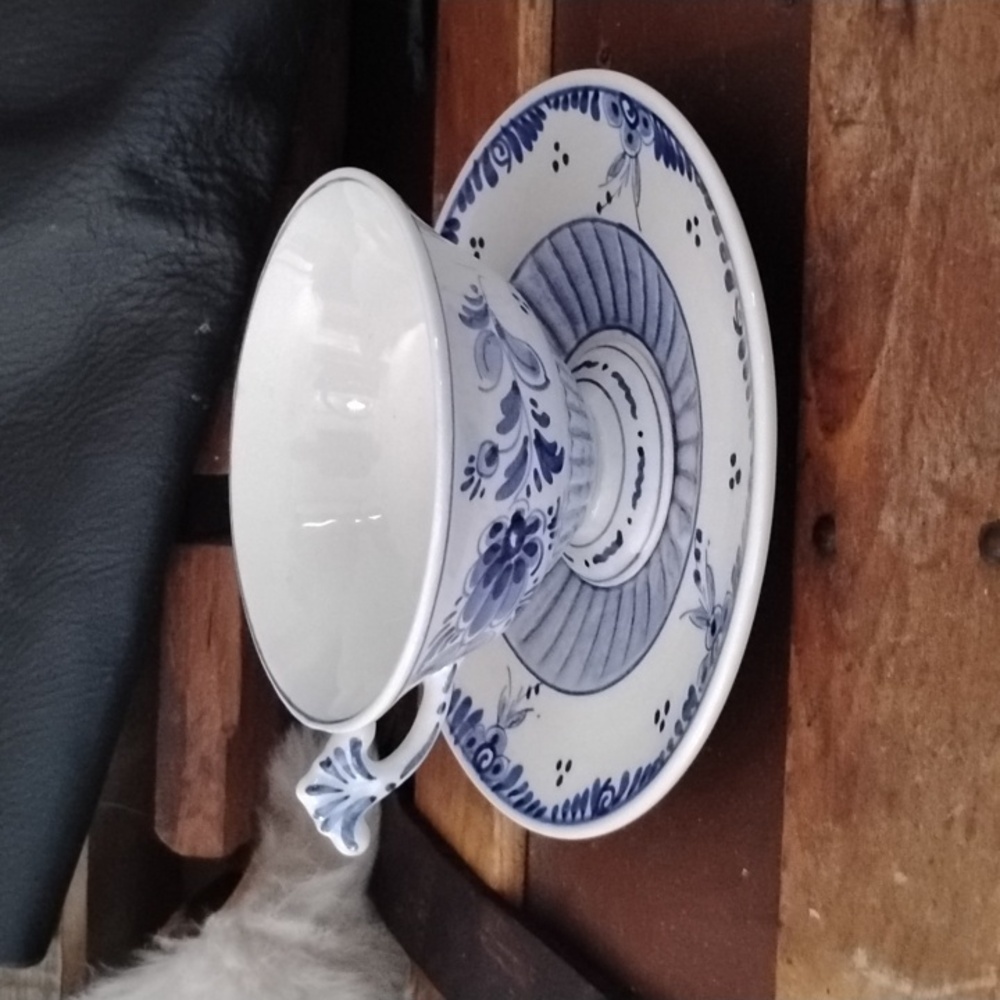 Delft Blue and White  Ceramic Floral Teacup and Saucer Set